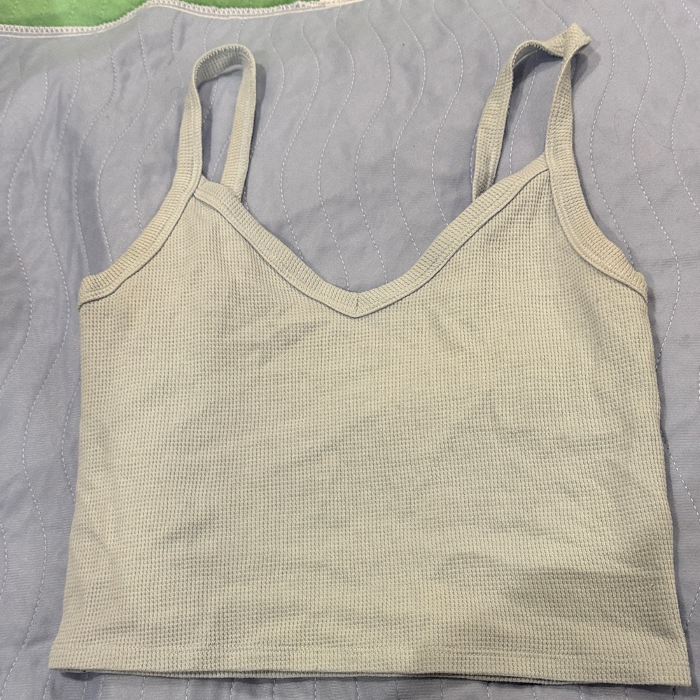 American Eagle Waffle Knit V-Neck Cropped Tank - light blue